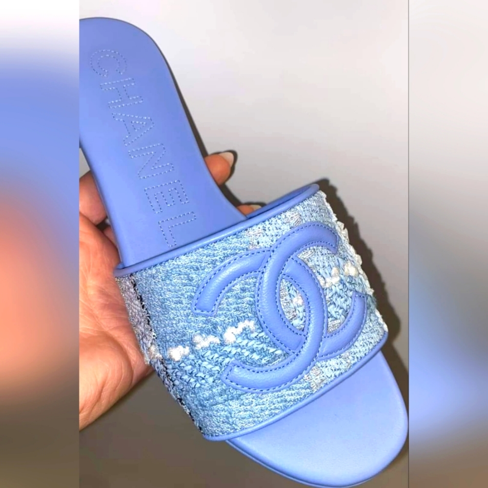 23P Brand New Flat Slides Periwinkle Light Blue Tweed